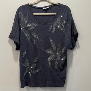 Chico's Dark Gray Sequin Floral Short Sleeve Top